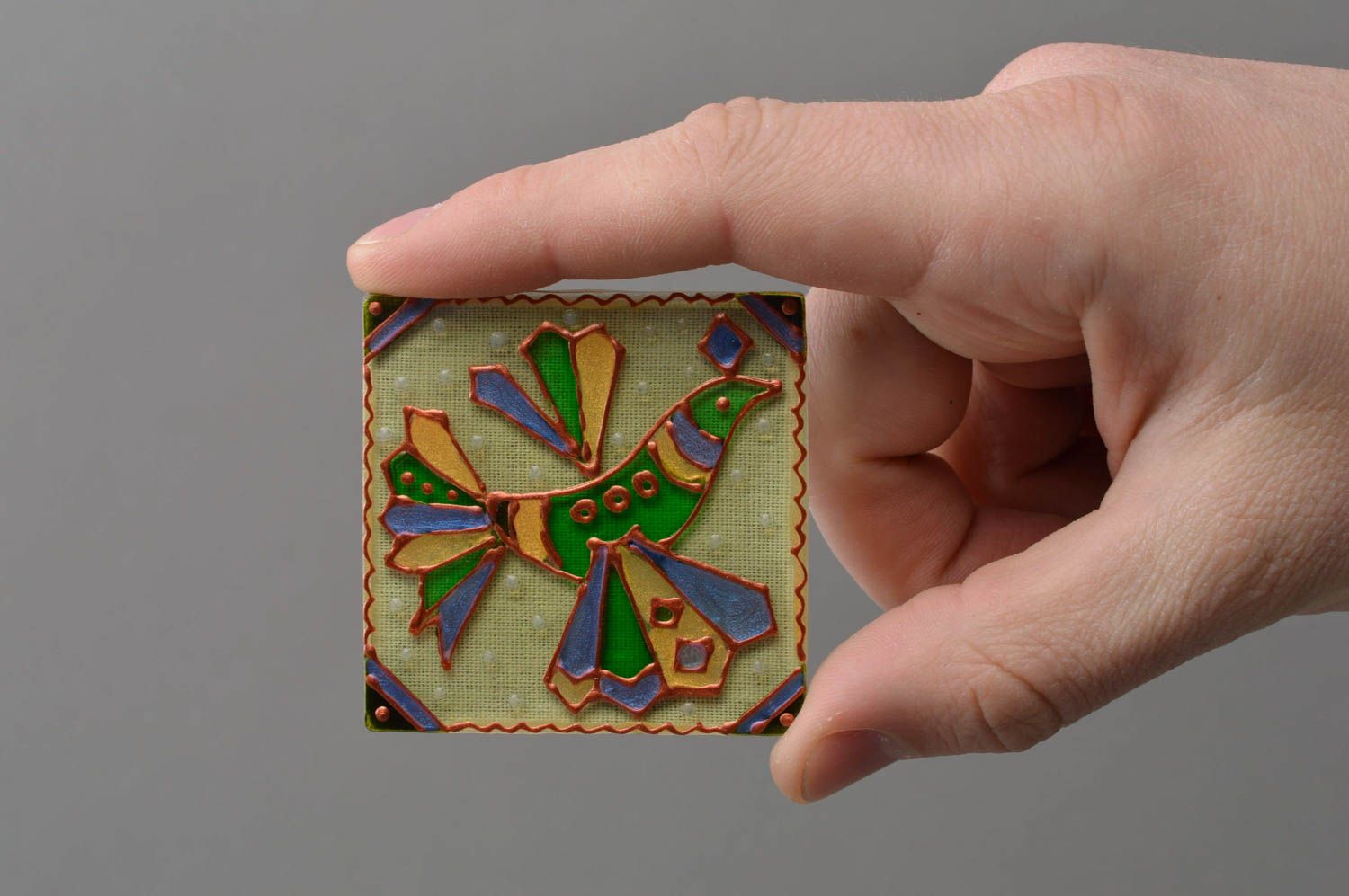 Handmade designer decorative glass painted fridge magnet of square shape Bird photo 4
