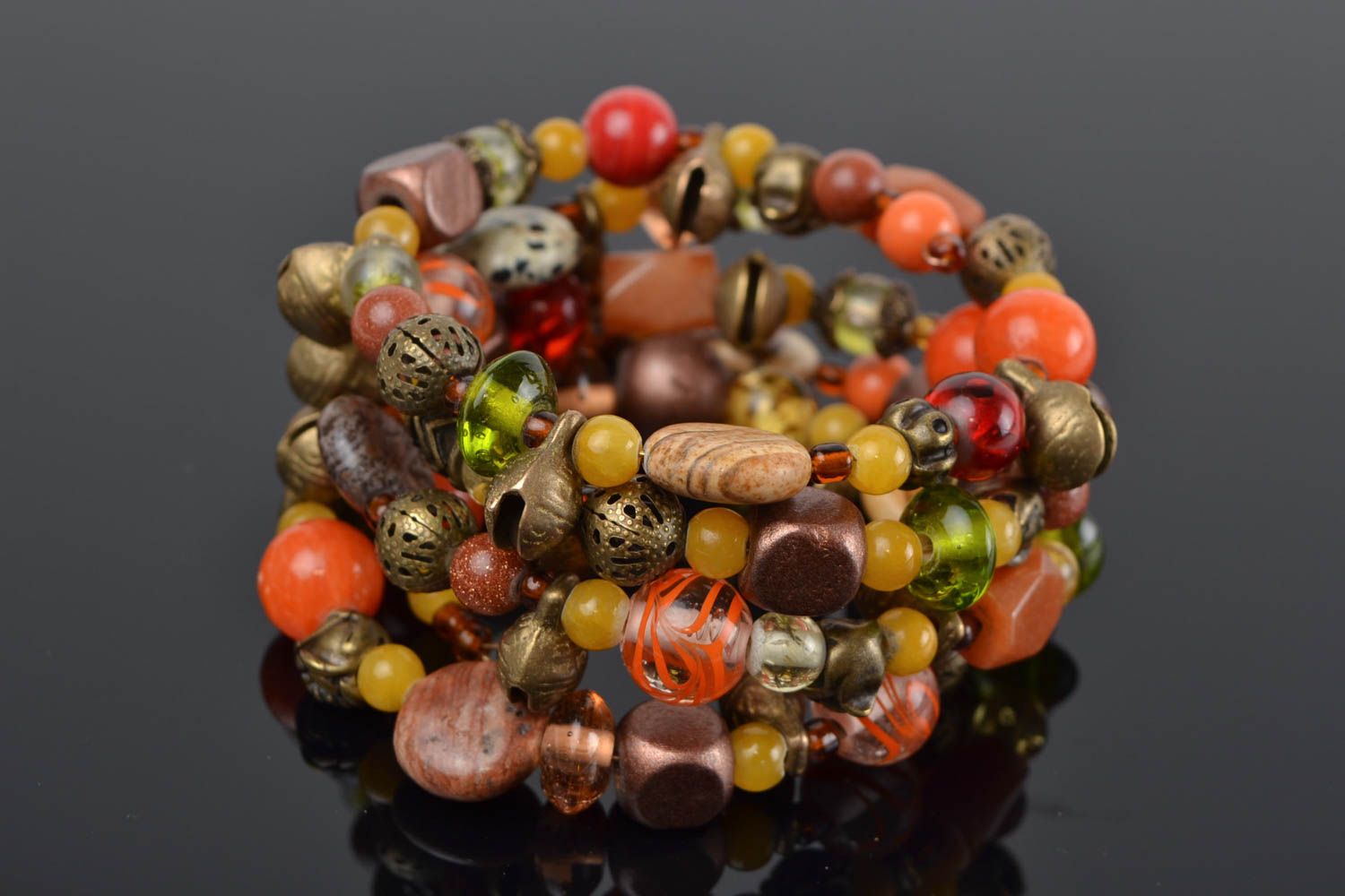 Handmade colorful multi row natural stone wrist bracelet with jasper aventurine photo 1