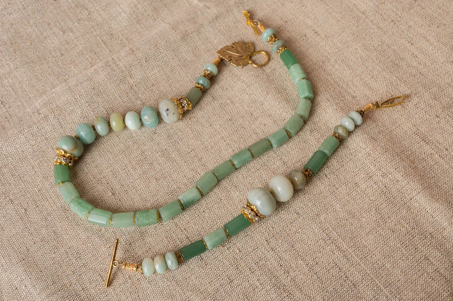 Handmade natural stone jewelry set necklace and bracelet jadeite and aventurine photo 1