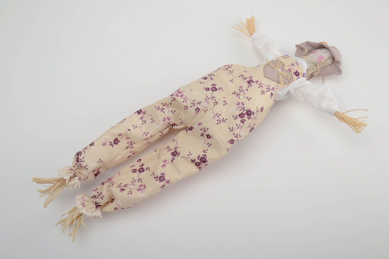Handmade designer soft doll sewn of cotton and chintz fabrics Scarecrow photo 2
