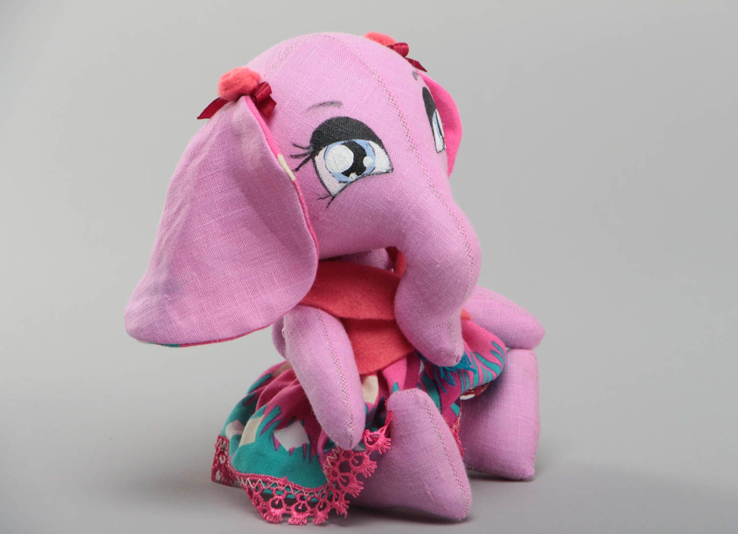 Handmade decorative fabric elephant made of linen soft beautiful pink toy photo 2