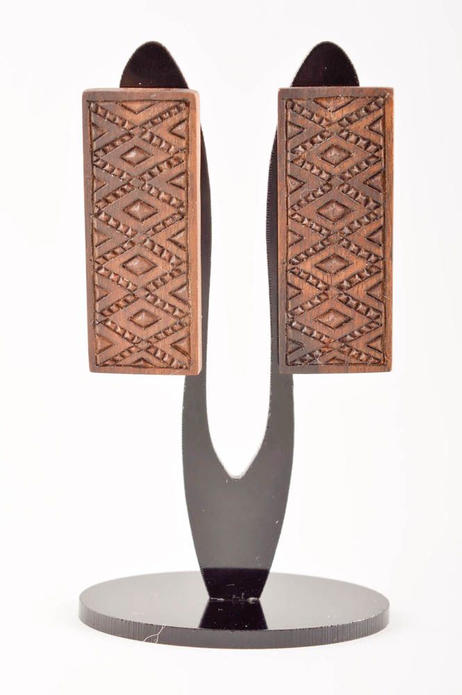 Damen Ohrringe Schmuck handgemacht schön Ohrringe aus Holz quadratisch stilvoll foto 2