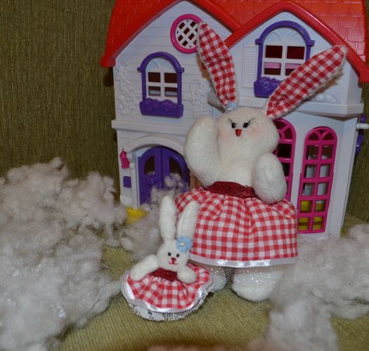 Soft toy hare with baby hand made of artificial fur for children photo 2