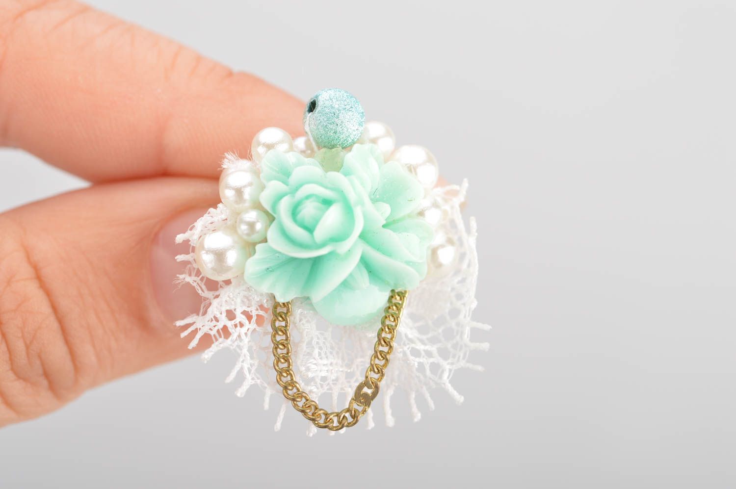 Handmade cute unusual beautiful tender stud earrings with flowers and lace photo 3