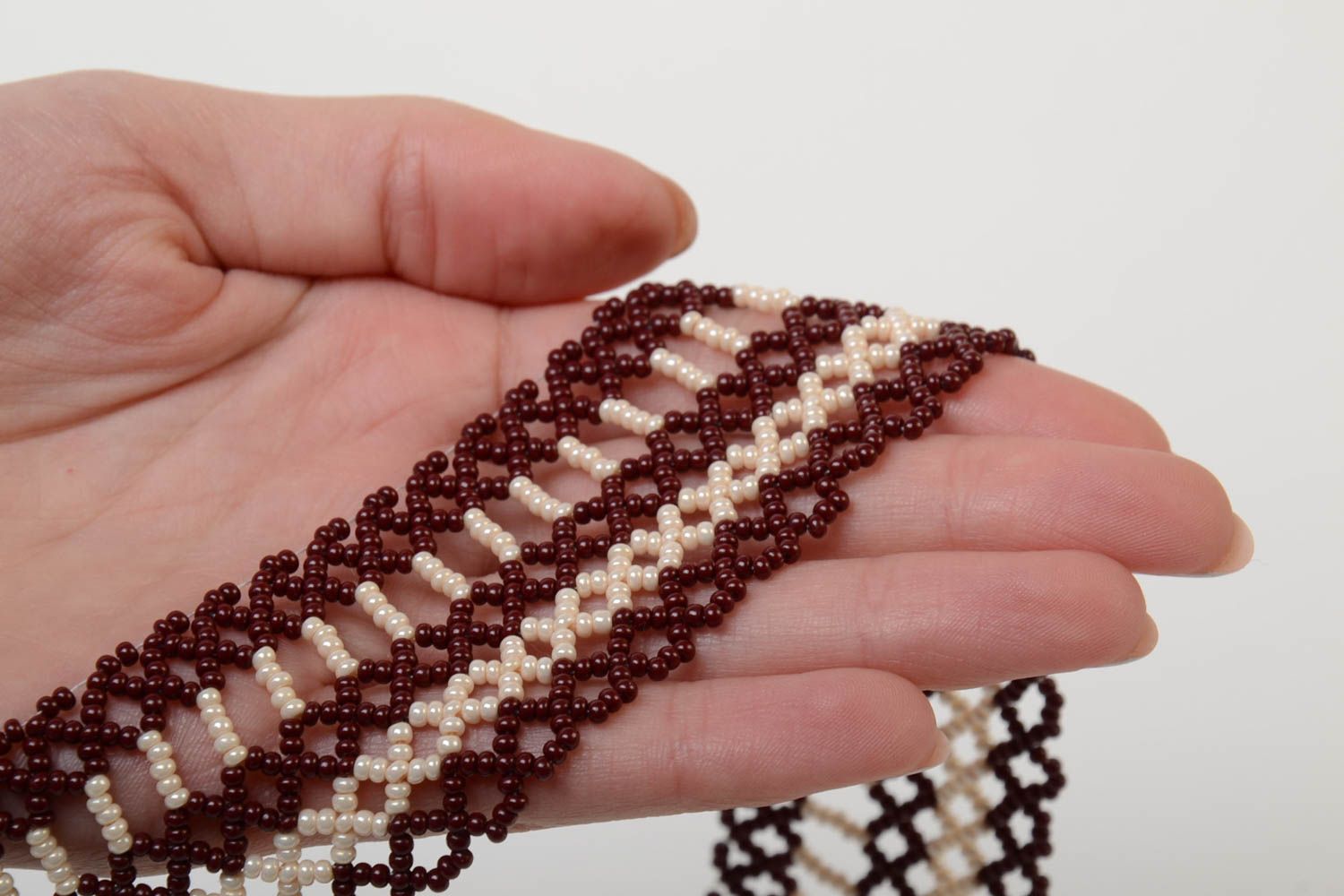 Brown and beige handmade designer wide necklace woven of Czech beads photo 5