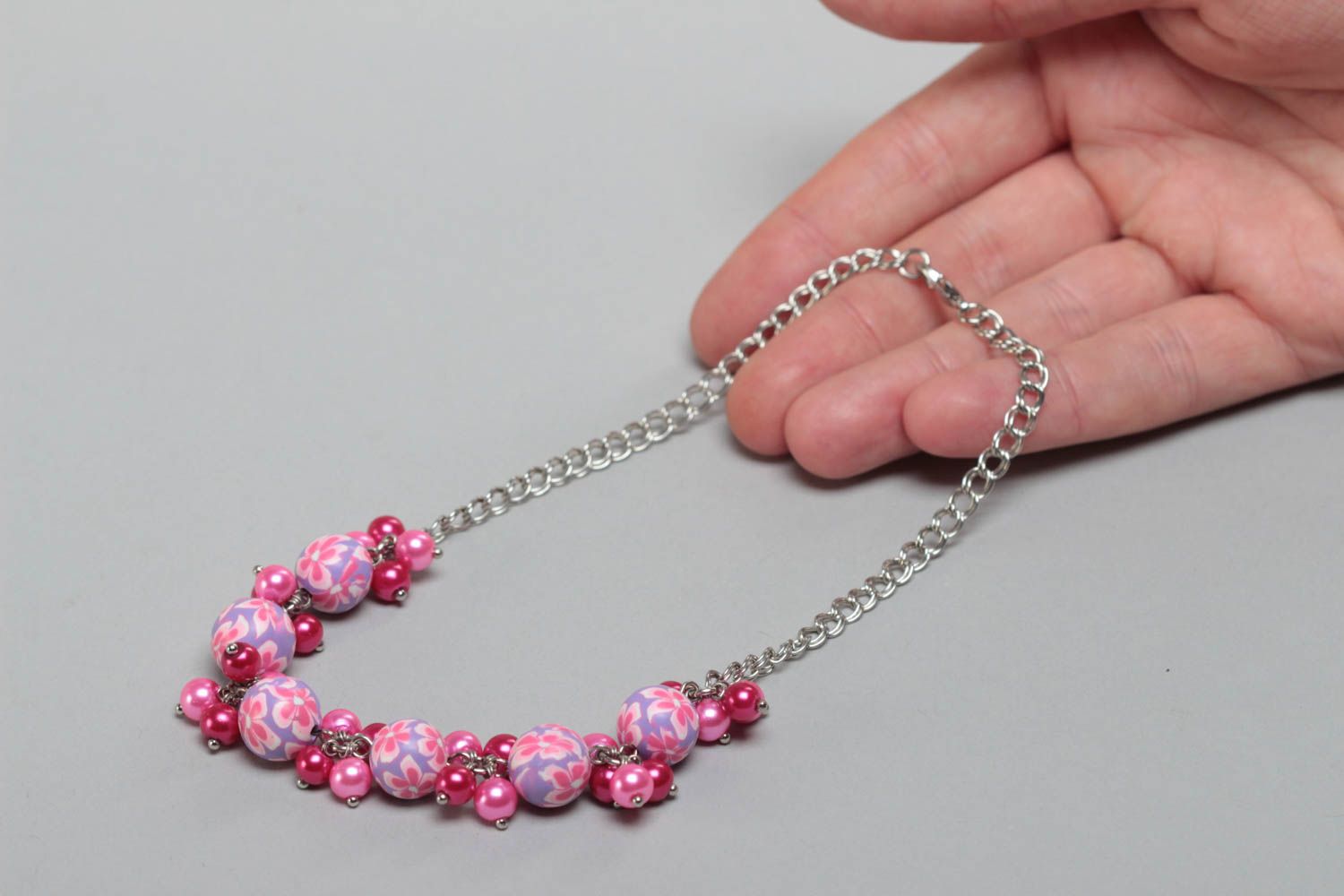 Beautiful handmade pink polymer clay necklace for children photo 5