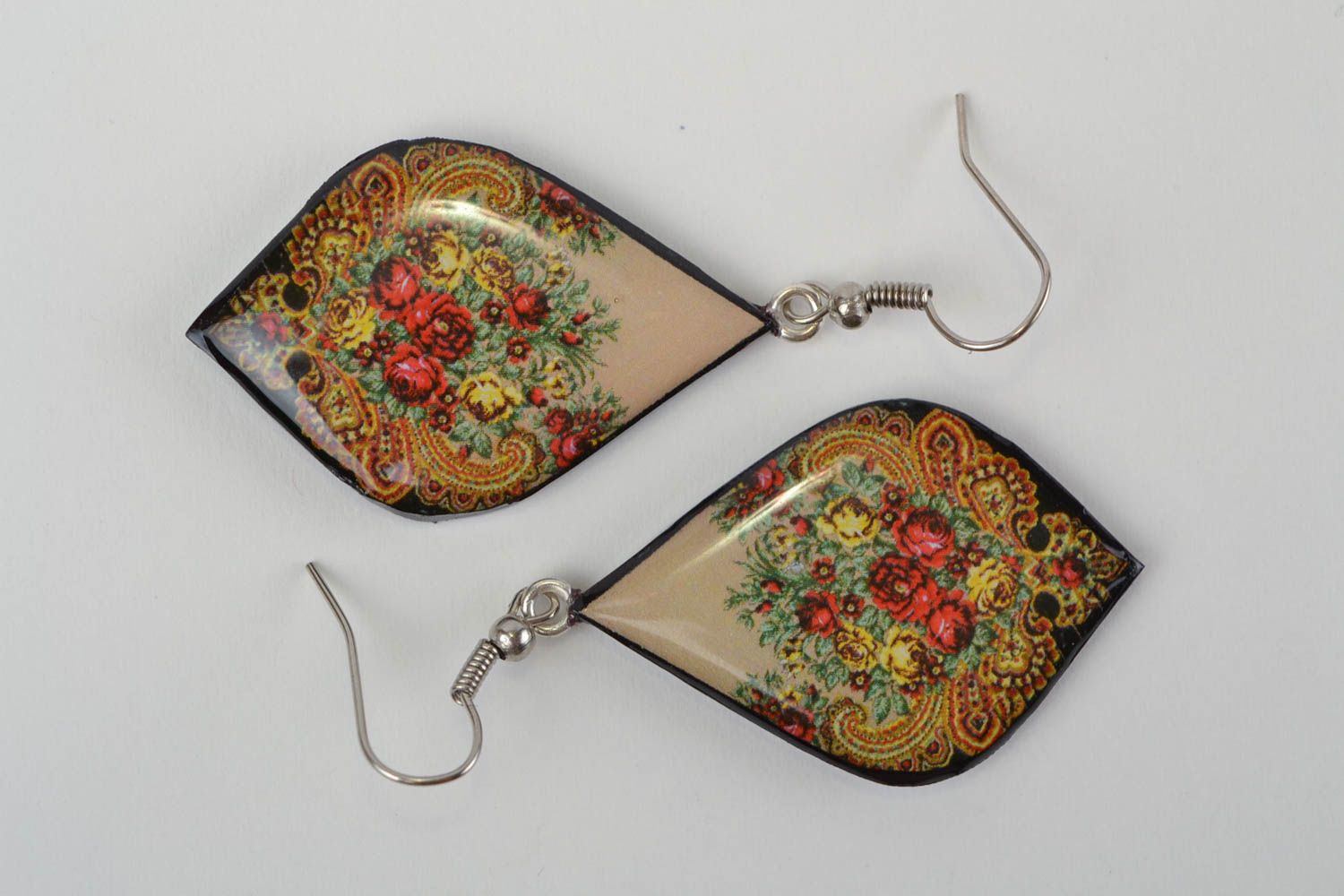 Handmade designer polymer clay decoupage earrings with saturated floral pattern photo 5