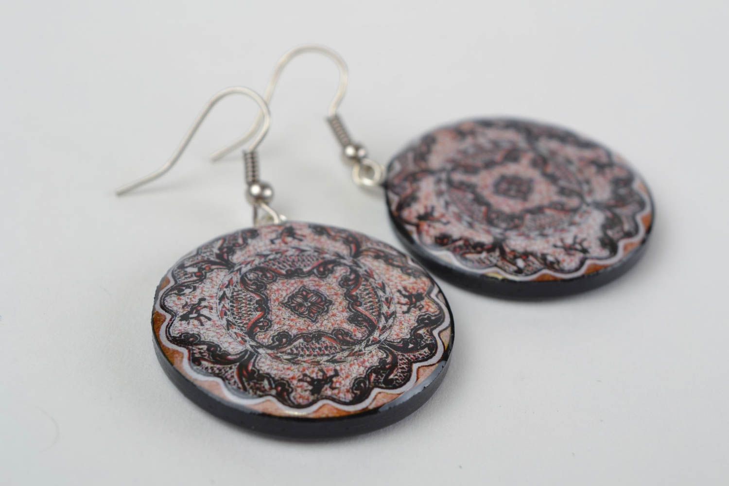 Beautiful handmade round polymer clay earrings of unusual colors with decoupage photo 5