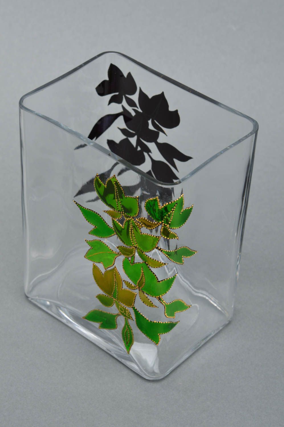 Glas Vase Vitrage Bemalung rechteckig transparent schwarz grün handmade  foto 5