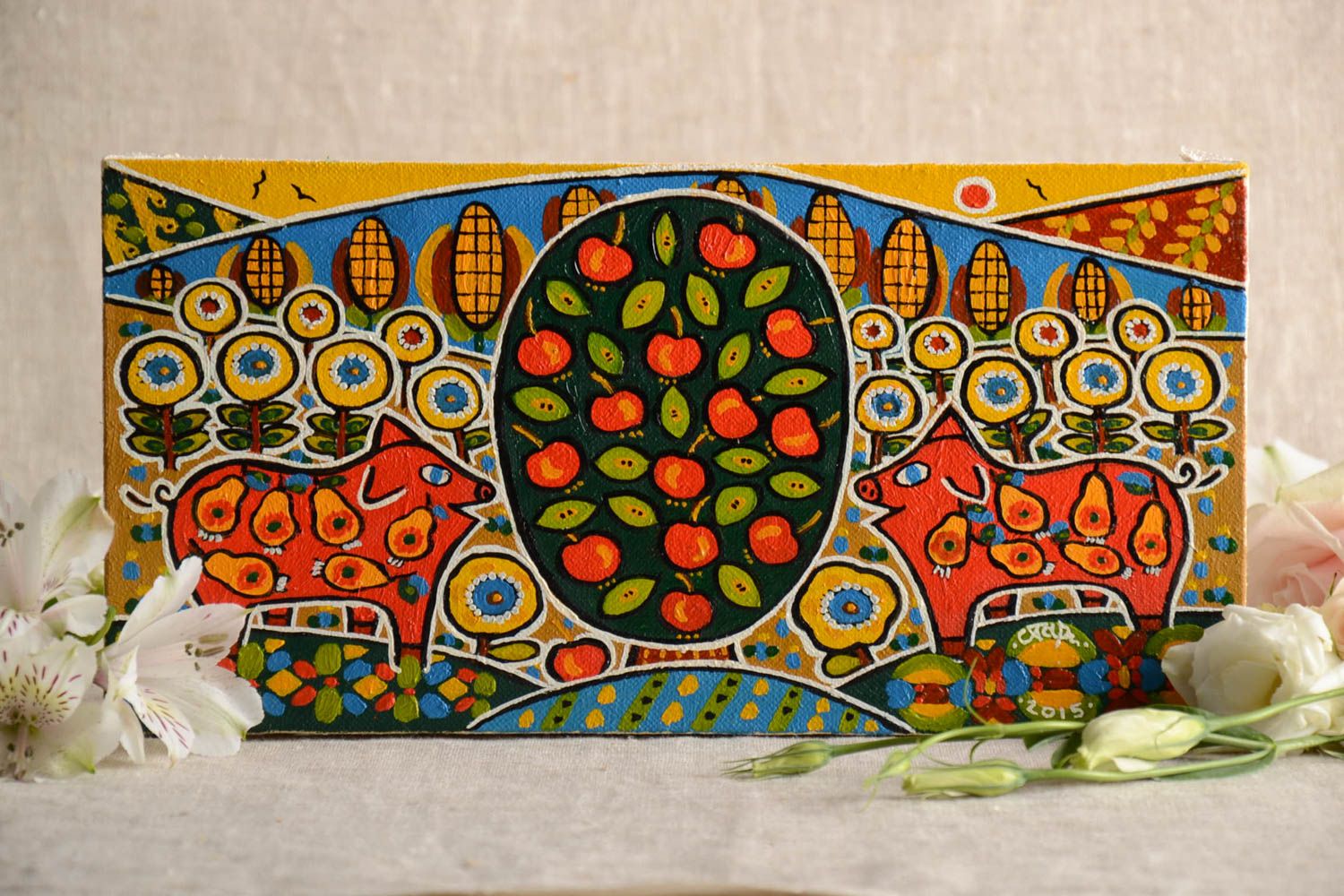 Cuadro pintado al óleo sobre lienzo artesanal étnico original Cerditos foto 1