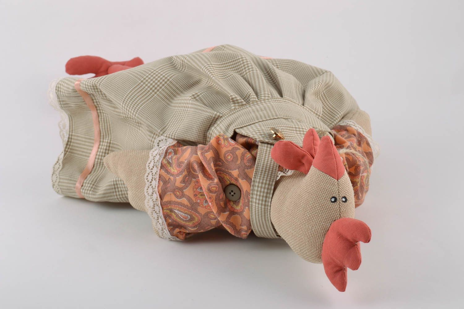 Handmade linen soft toy chicken in dress with long paws in pastel color palette photo 4