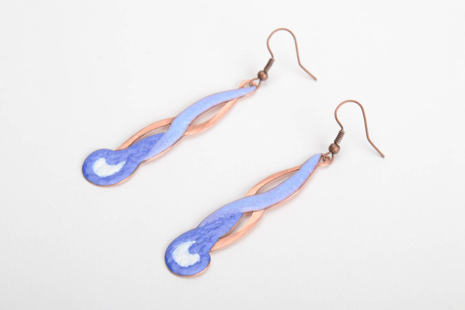 Lange blaue schöne Ohrringe aus Kupfer emailliert Handarbeit foto 2