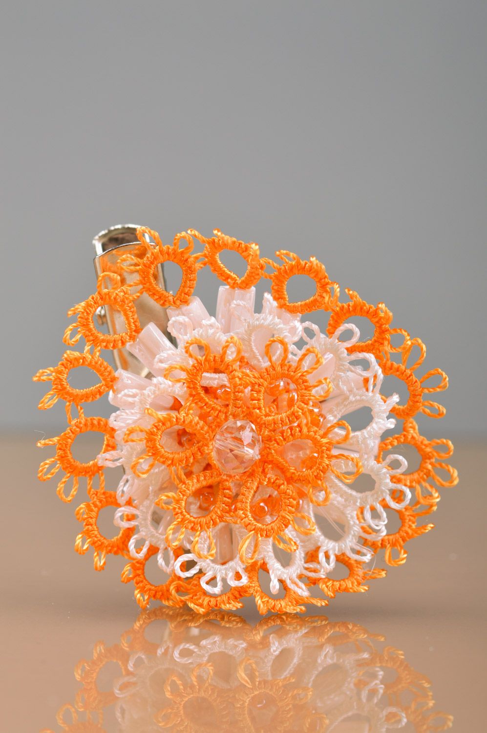 Orange and white handmade woven thread brooch hair clip with double fastening photo 4