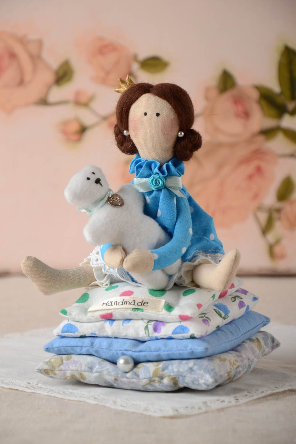 Poupée en tissu faite main en coton jouet pour enfant Princesse avec ourson photo 1