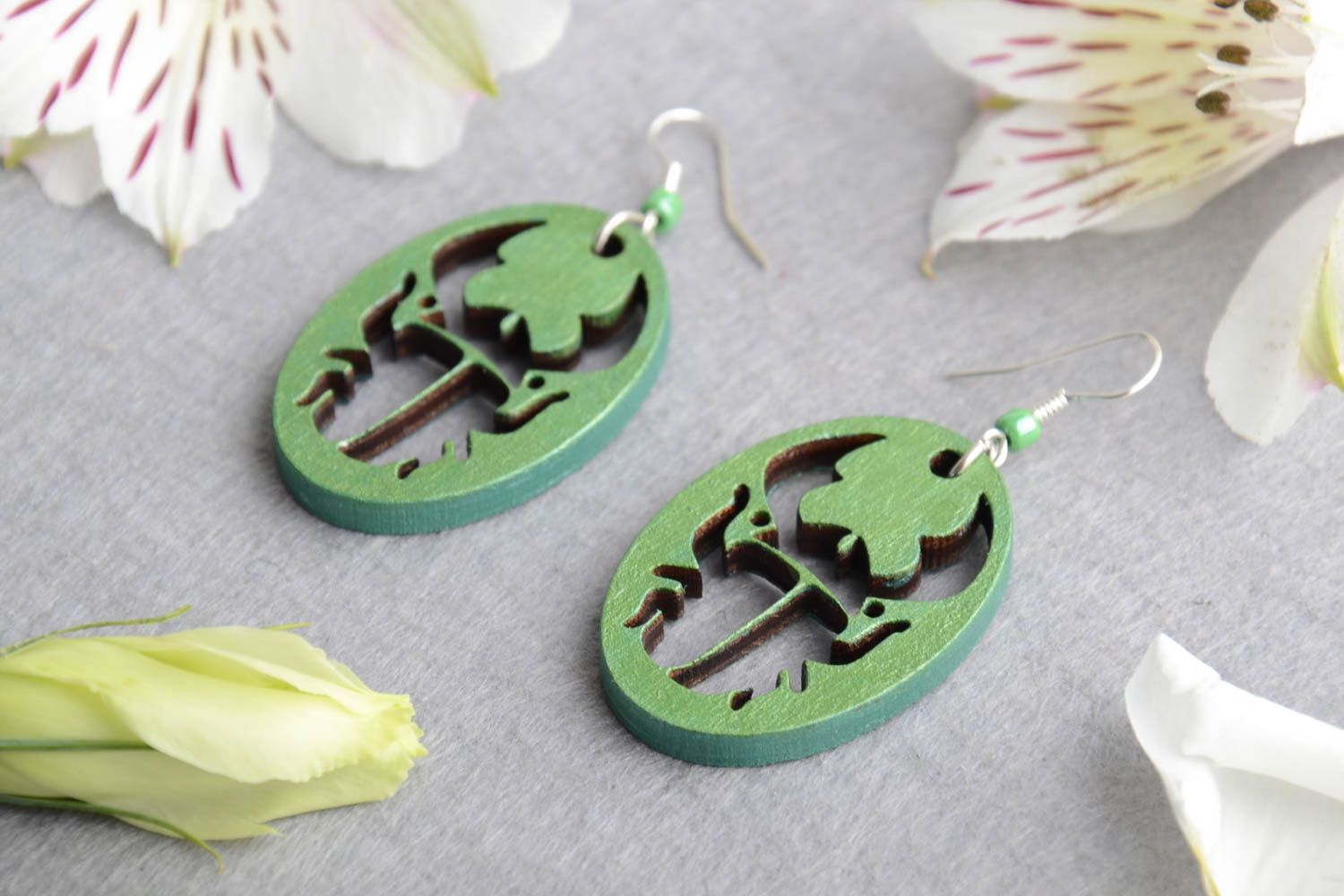 Beautiful handmade designer green plywood earrings for women Bugs photo 1