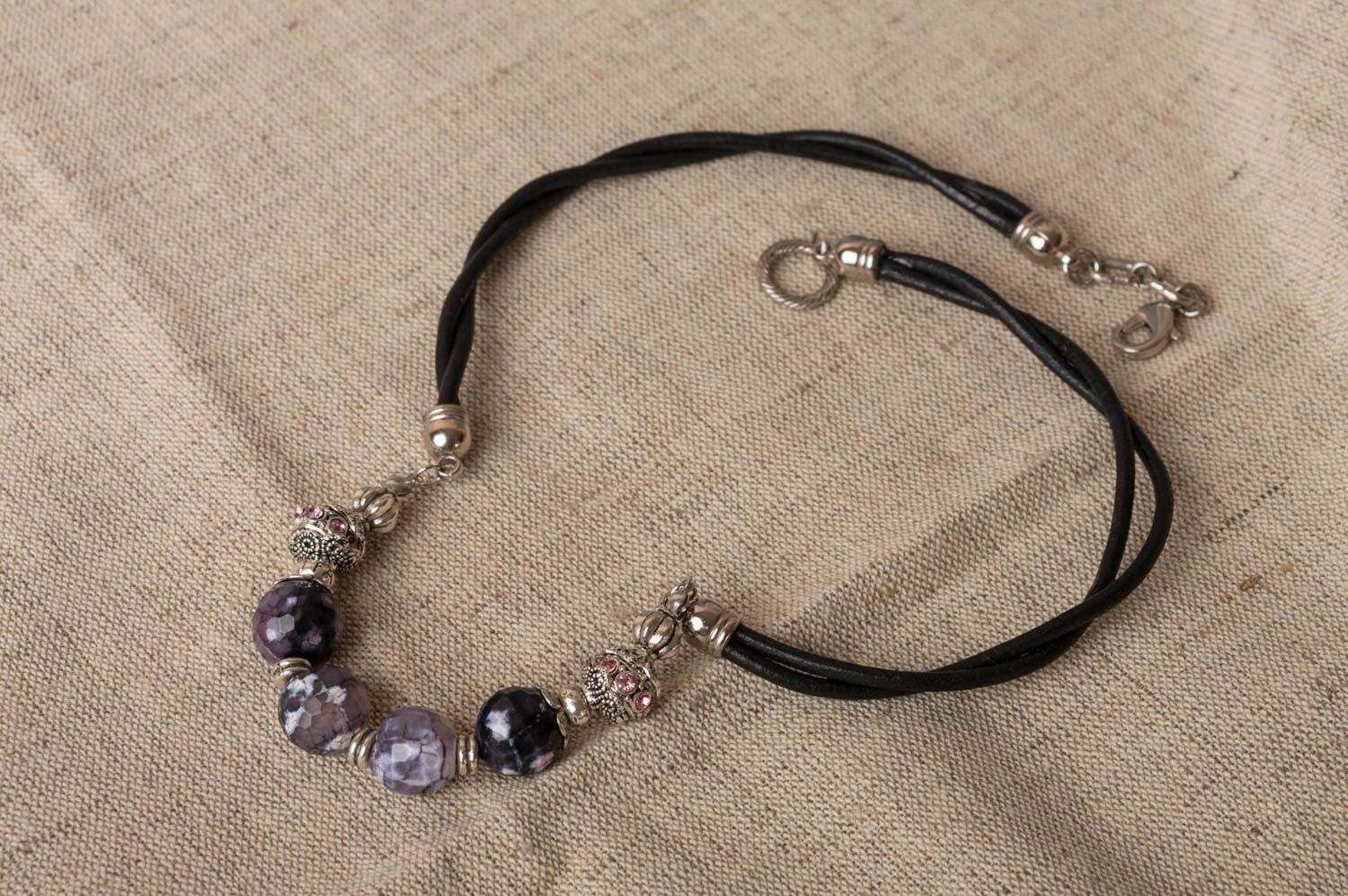 Necklace with natural stones on leather cord stylish handmade accessory photo 1