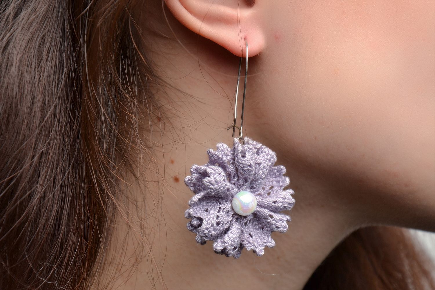 Beautiful lace earrings with pearls in the shape of violet flowers photo 2