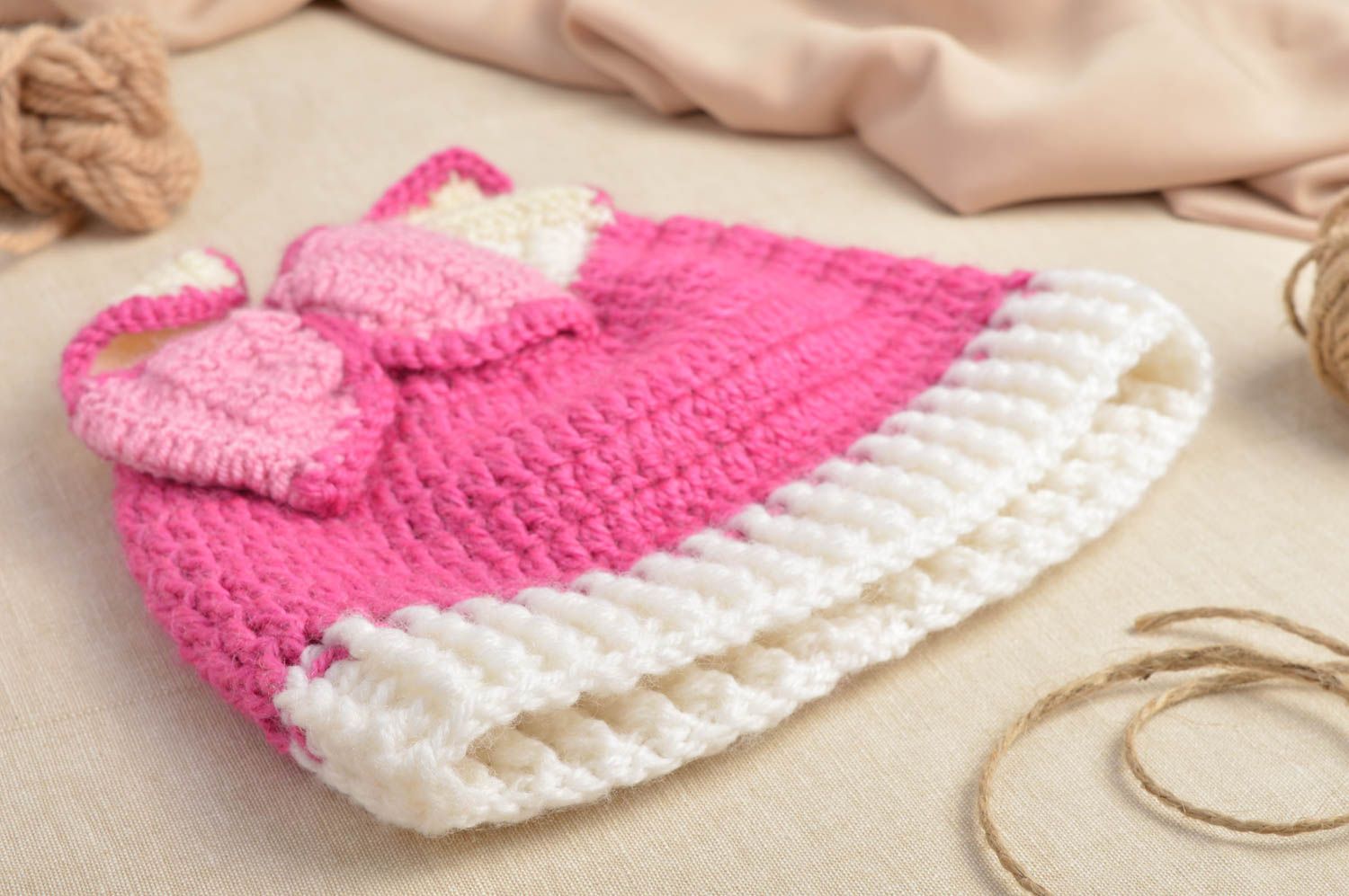 Bonnet tricot Chapeau au crochet laine acrylique rose blanc Vêtement enfant photo 1