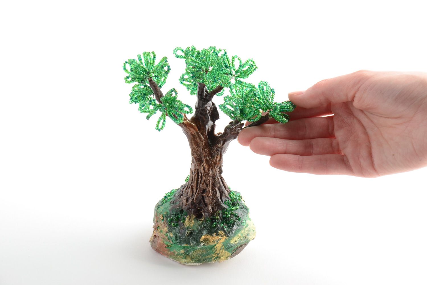 Petit arbre en perles de rocaille décoratif fait main vert original Été  photo 5