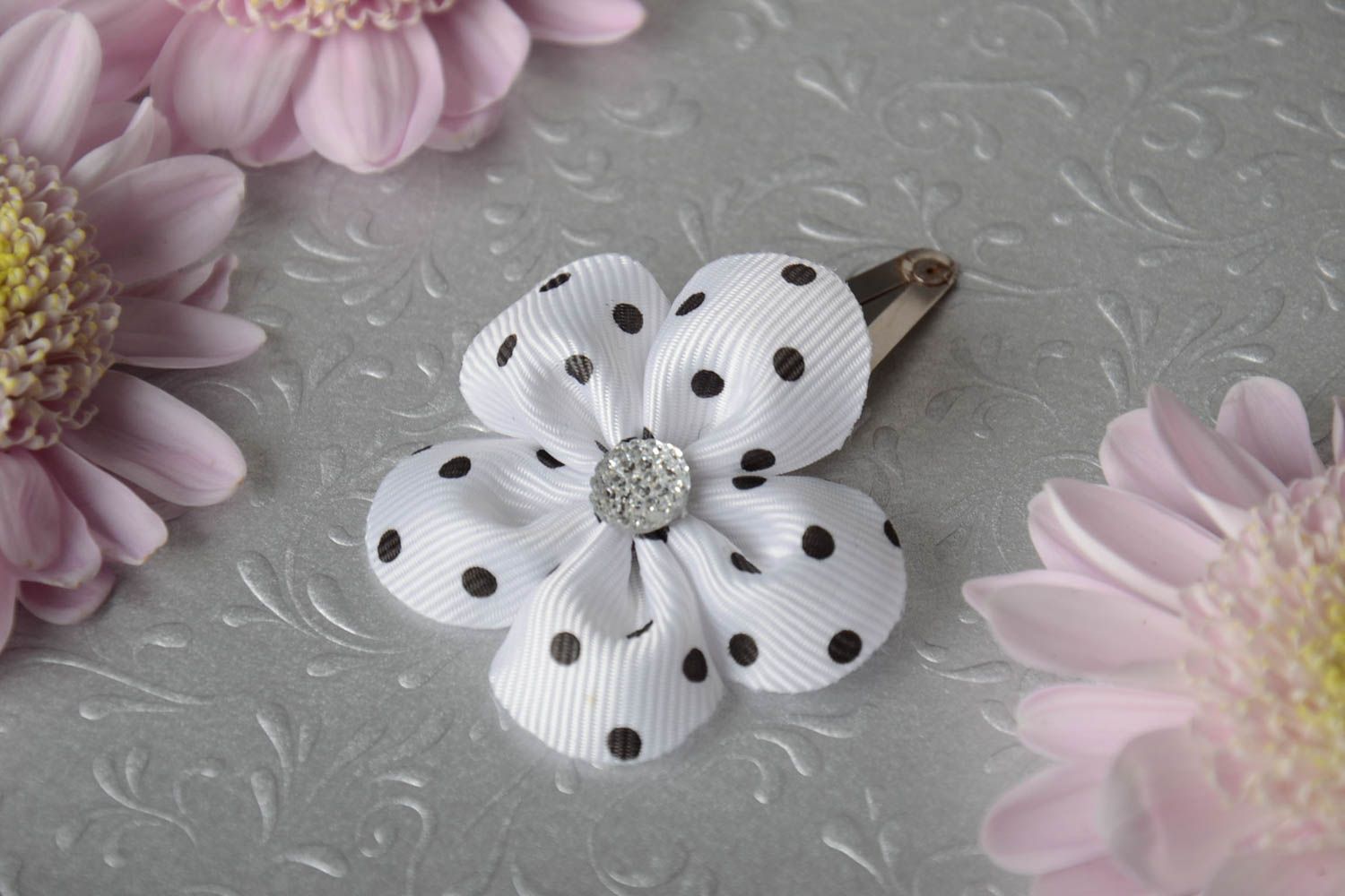 Beautiful satin ribbon flower hair clip of white color with black dots photo 1