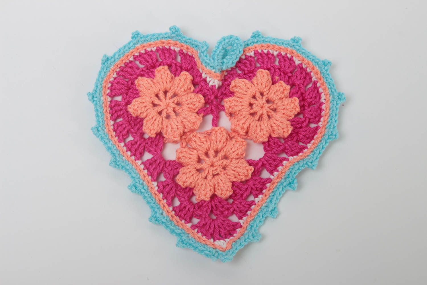 Manique au crochet faite main Textile de cuisine coeur fleurs Accessoire cuisine photo 2