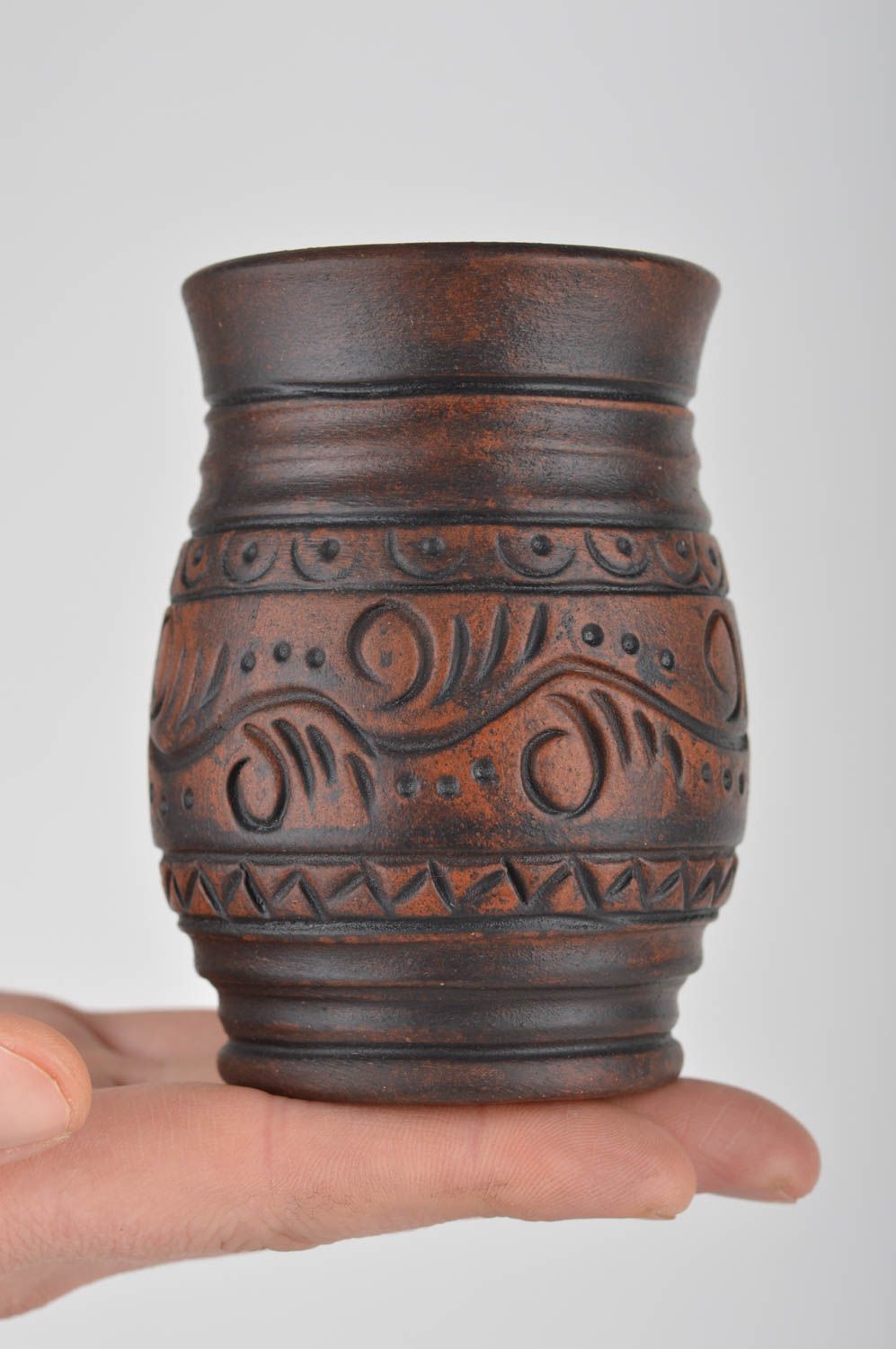 Handmade large brown ceramic glass red clay drinkware in ethnic style ornamented photo 3