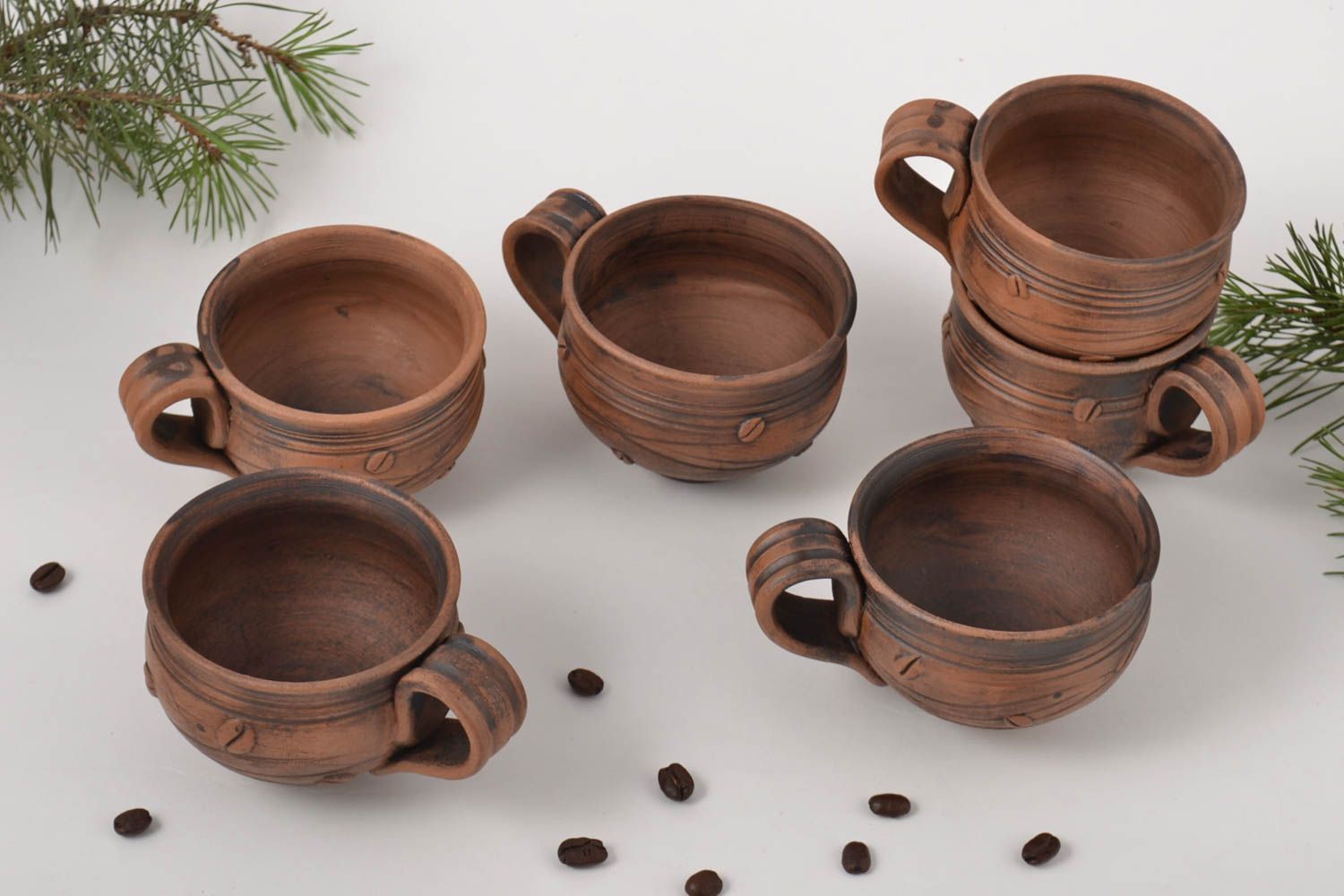Set of 6 six clay 5 oz coffee cups with handle and coffee beans' pattern photo 1
