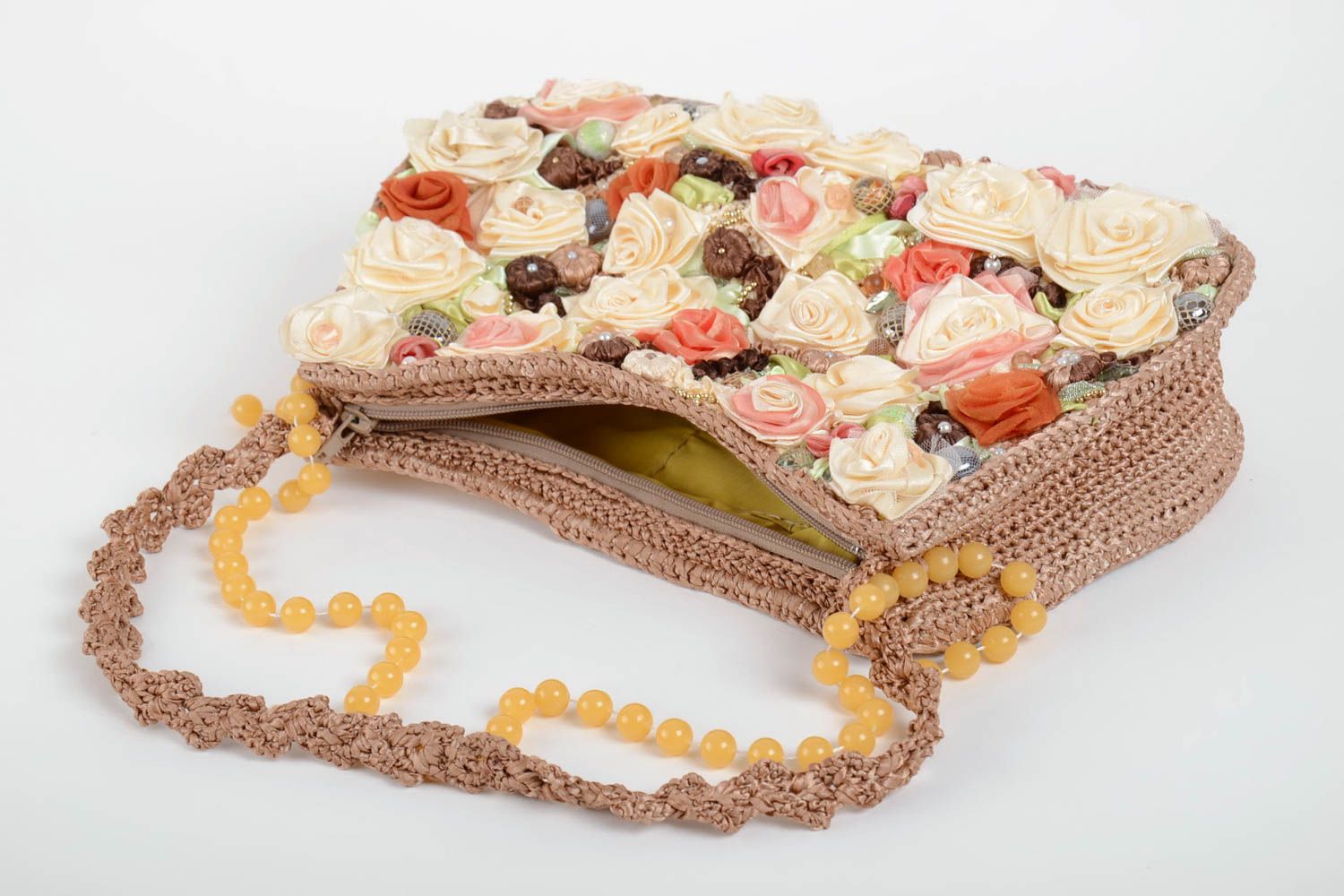 Bright beautiful handmade women's fabric bag with beads and flowers photo 2