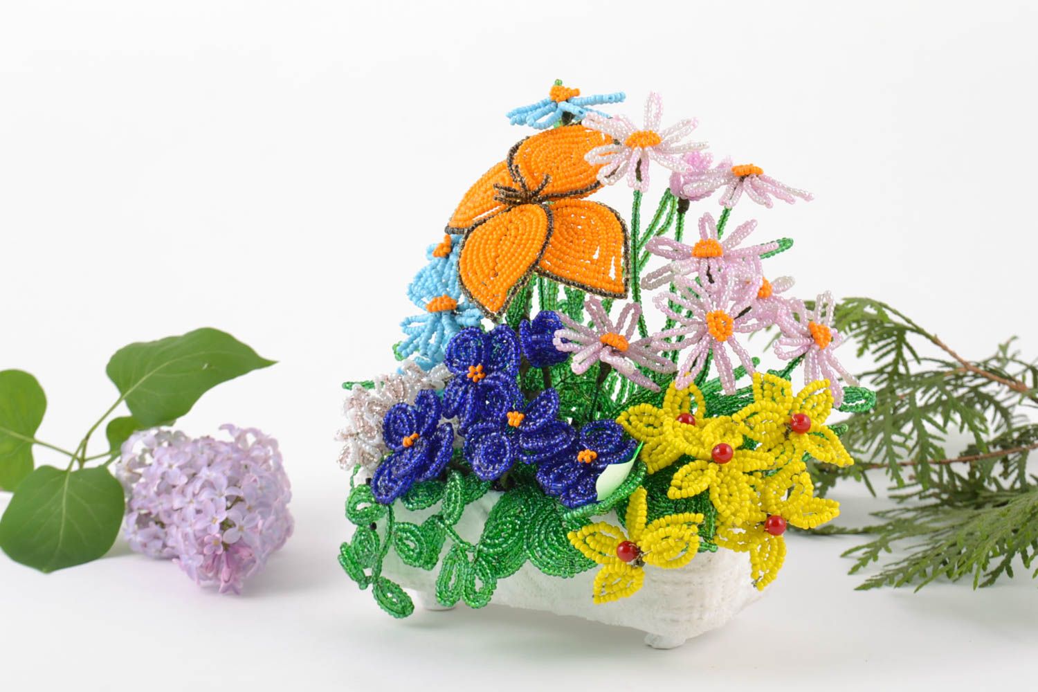 Handmade decorative volume bouquet of colorful bright beaded flowers with stand photo 1