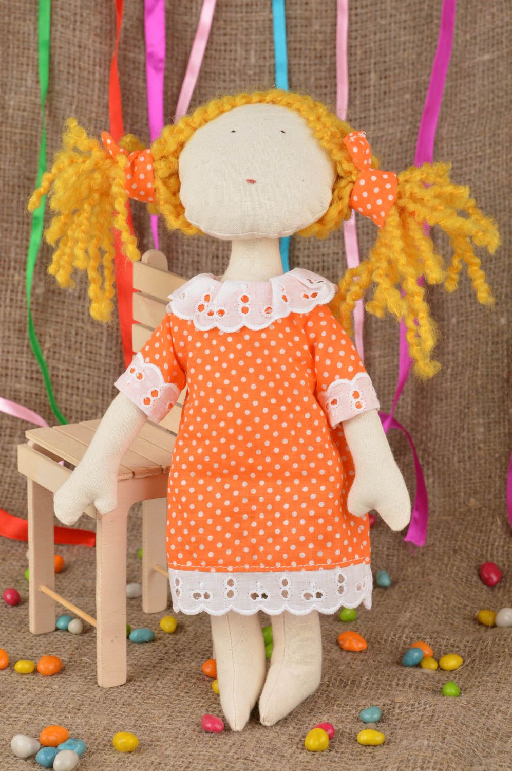 Handmade beautiful small with ginger hair cute toy doll made of fabric photo 1