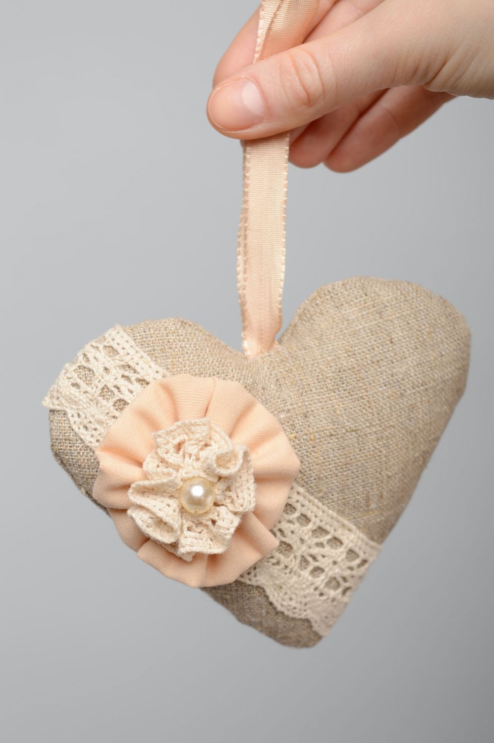 Handmade soft decorative pendant Linen Heart photo 4
