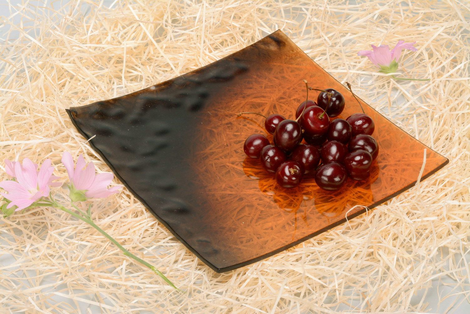 Fused glass plate Brown relief photo 1
