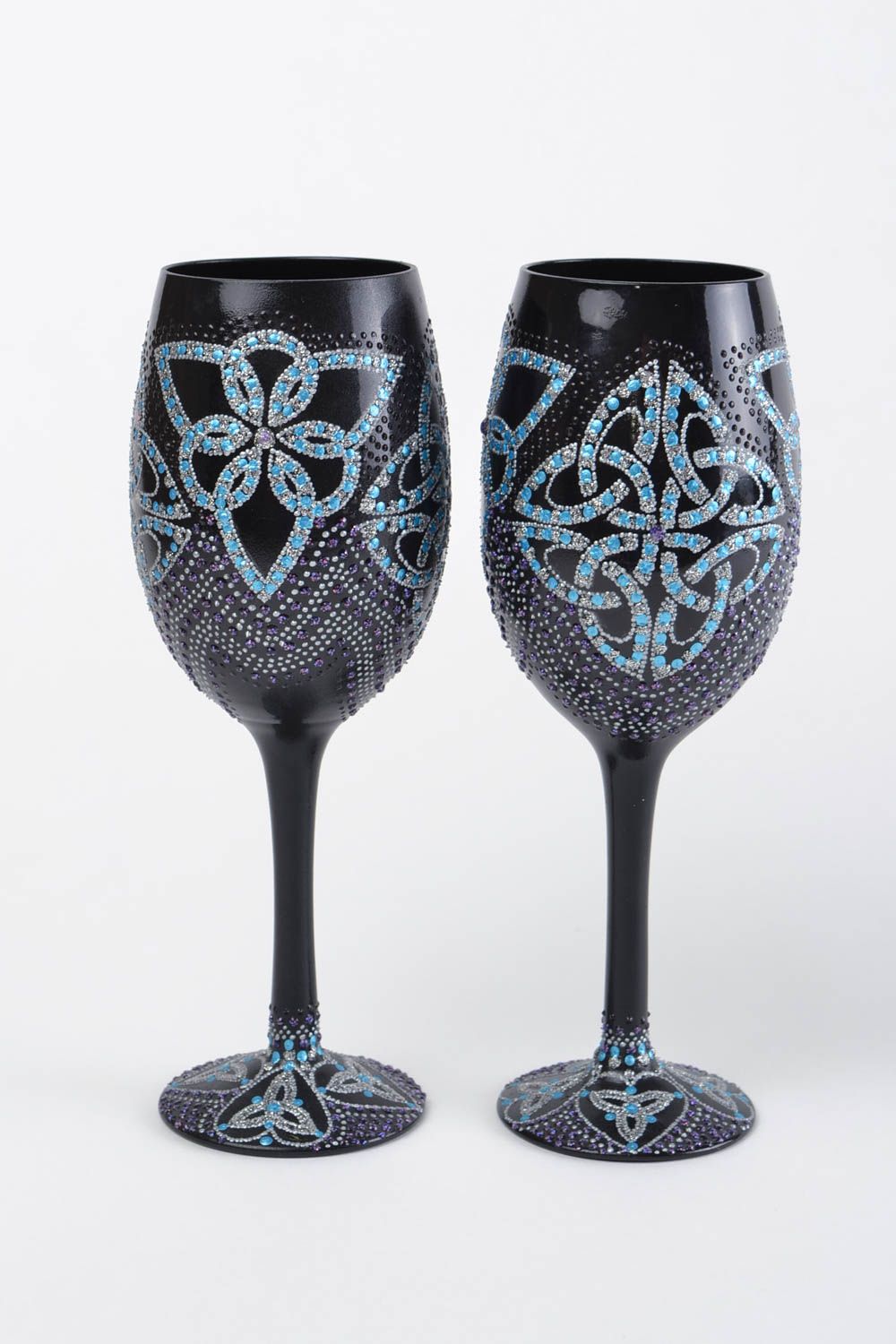Black handmade designer wine glasses set with acrylic painting 2 pieces photo 5