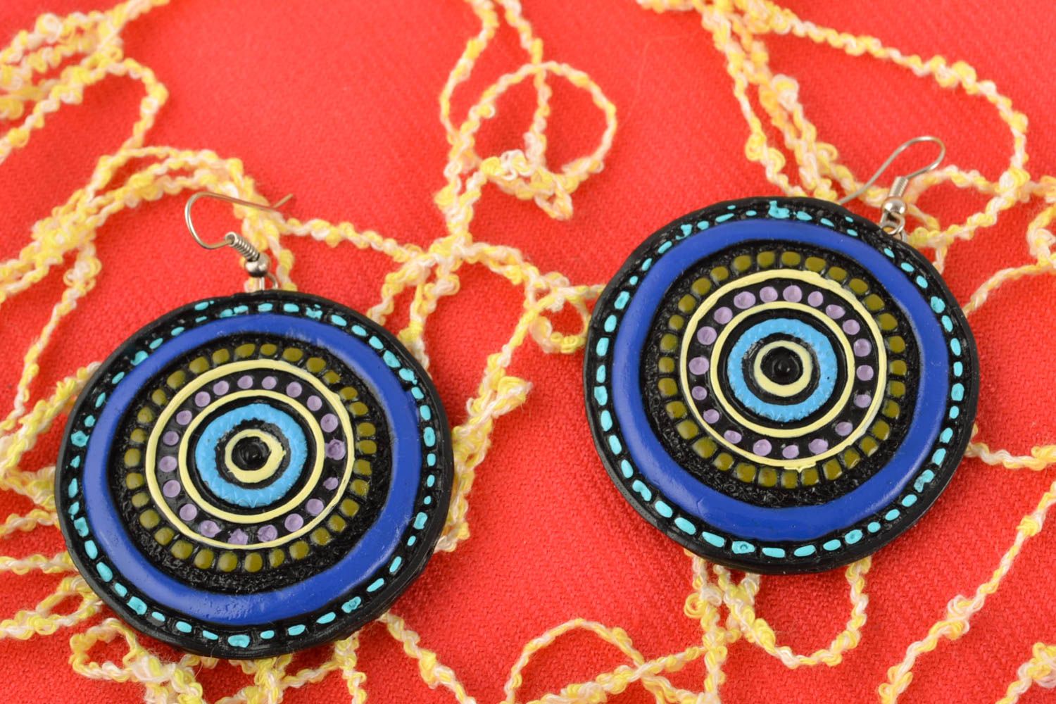 Handmade round polymer clay earrings with ornament photo 1