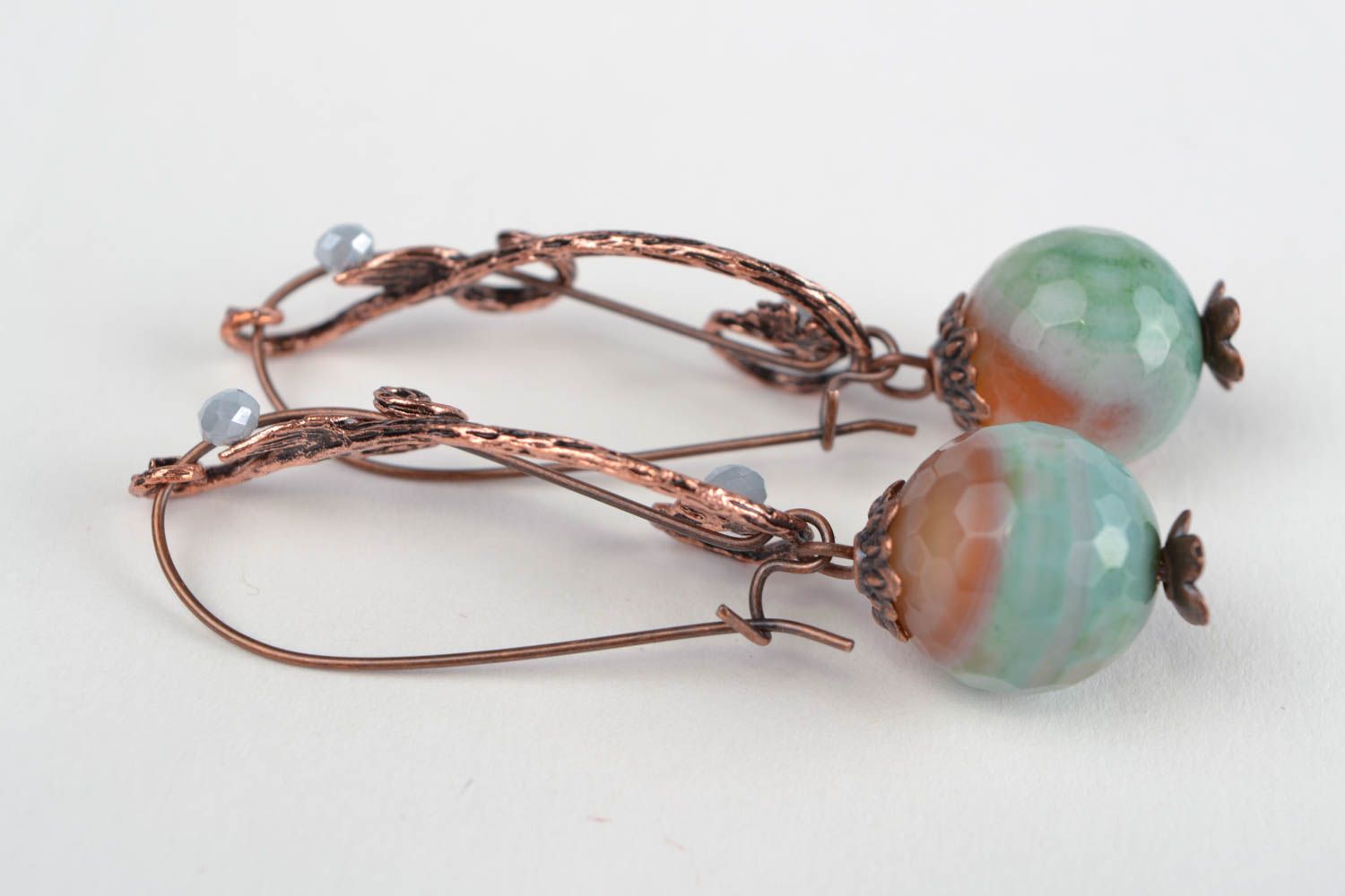 Handmade long dangling earrings with agate beads and fancy metal fittings photo 5