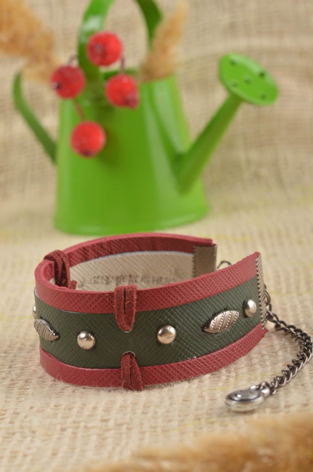 Bracelet large en cuir naturel Bijou fait main vert-rose Cadeau pour femme photo 1