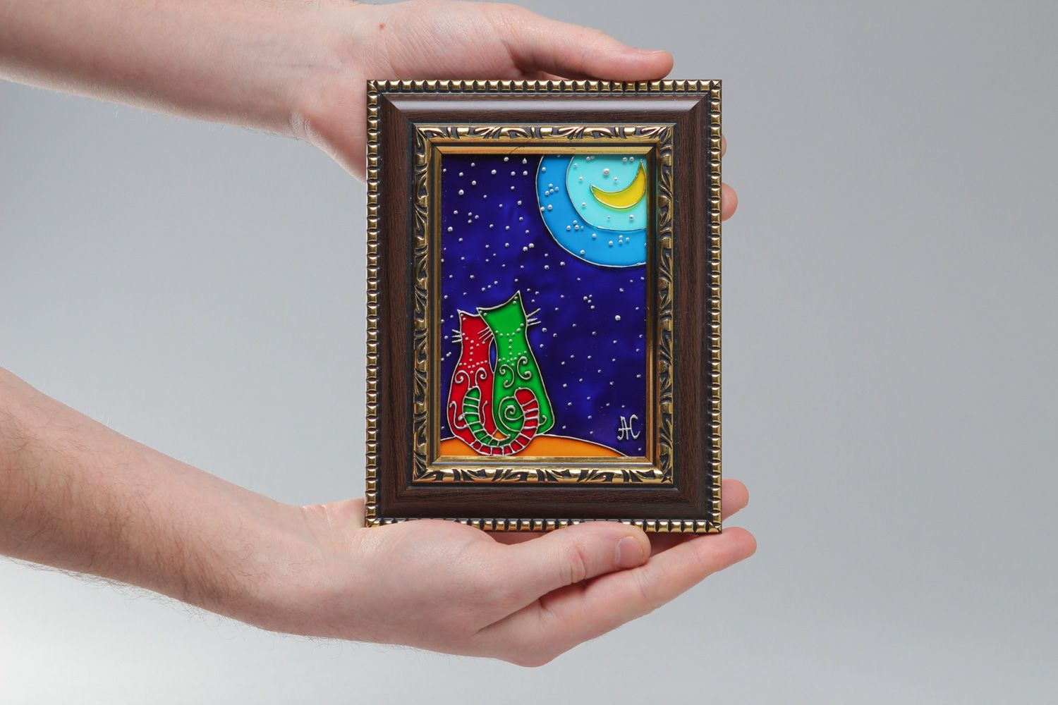 Cuadro de cristal pintado a mano y enmarcado Gatos enamorados foto 4