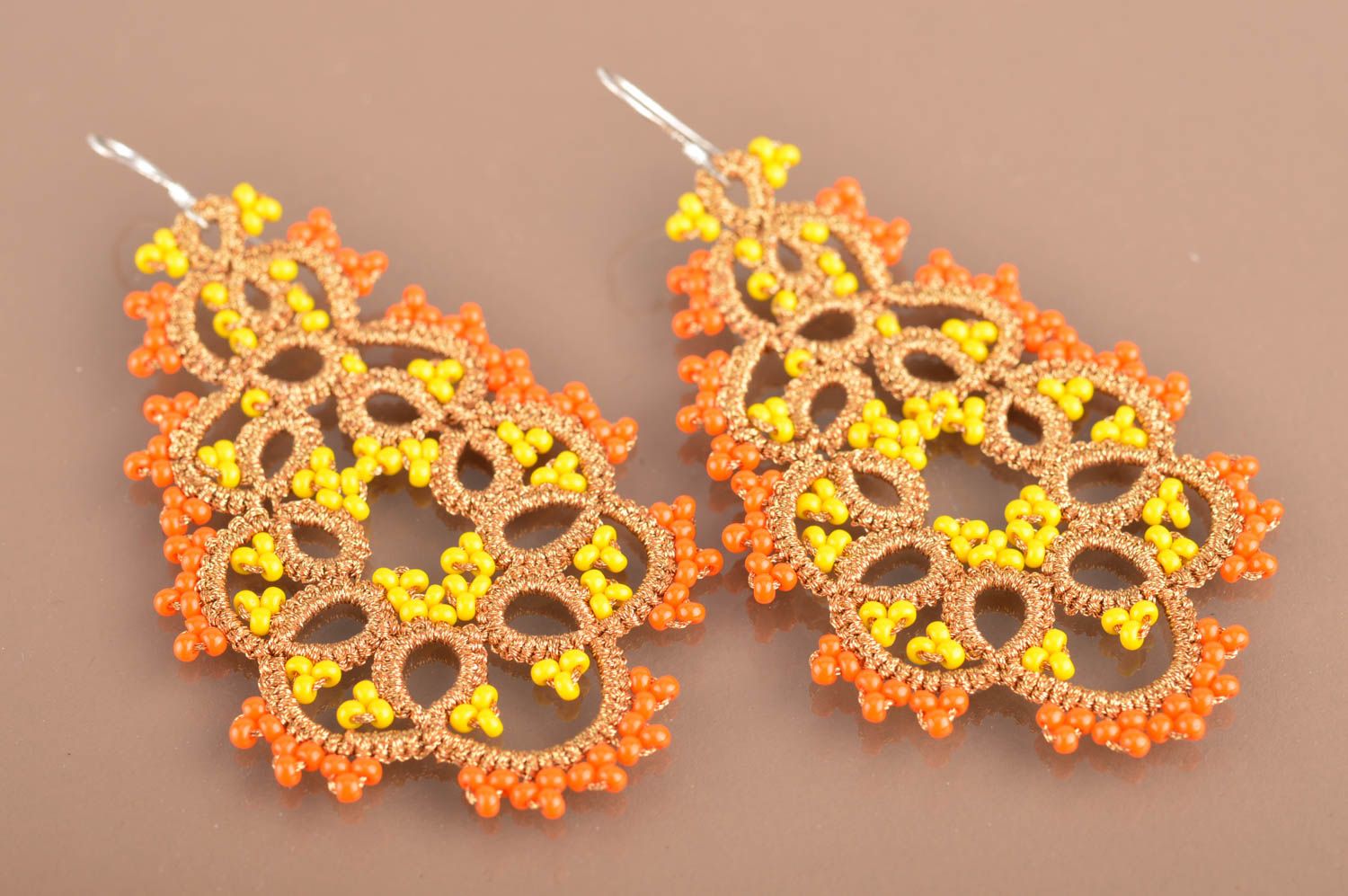 Beautiful yellow and orange handmade designer woven lace earrings tatting photo 2