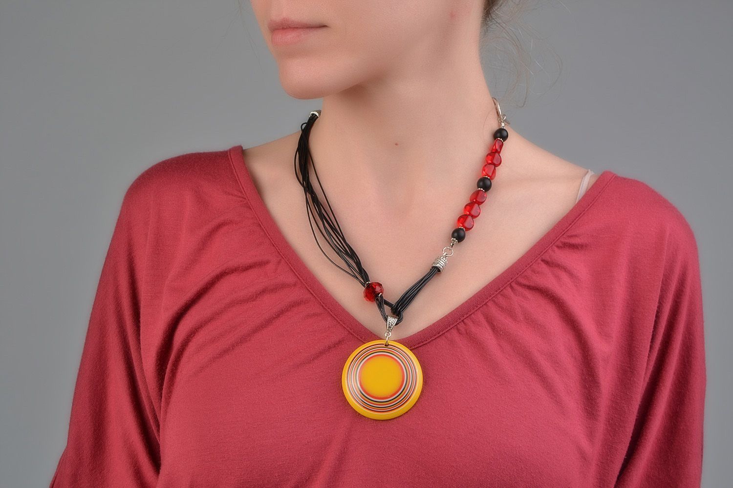 Handmade designer necklace with agate and glass beads on waxed cord for women photo 1