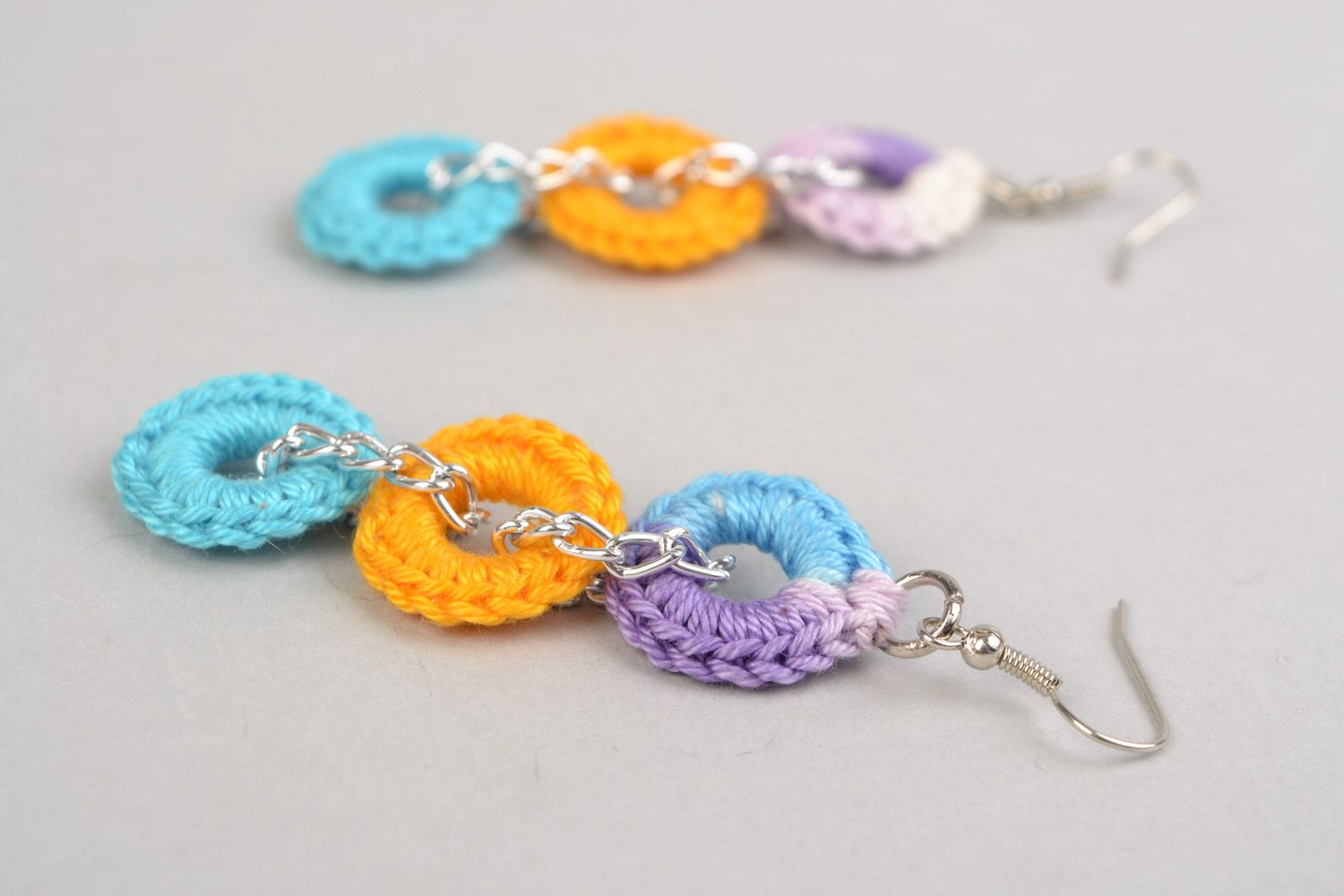 Handmade beautiful long round earrings woven of multicolored threads present for girl photo 3