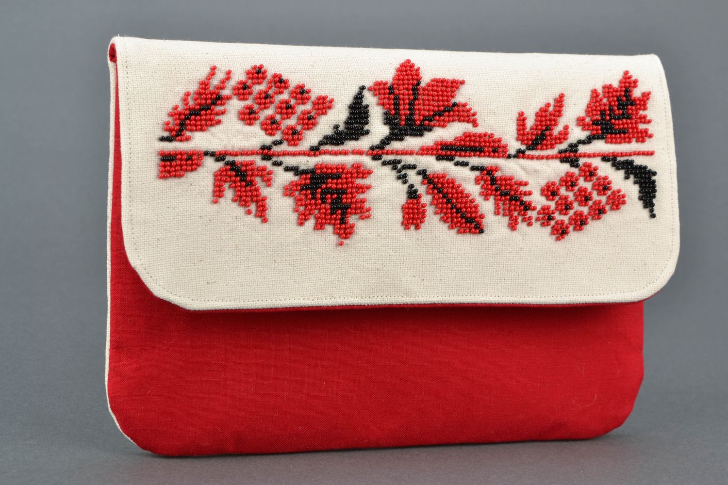 Handmade fabric clutch bag with beadwork Viburnum photo 1