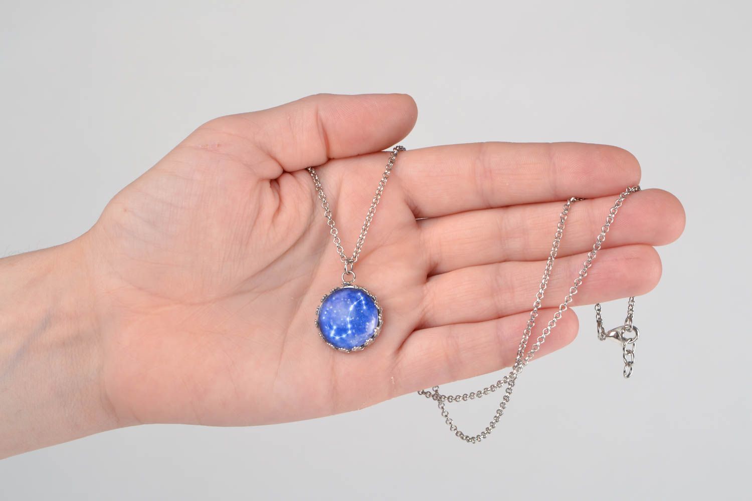Blue handmade glass pendant on metal chain with Scorpio zodiac sign photo 2