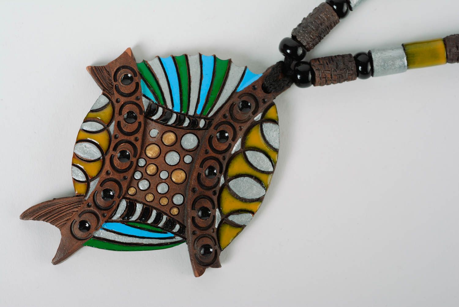 Handcrafted ceramic pendant made of clay with colored enamel paintings photo 2