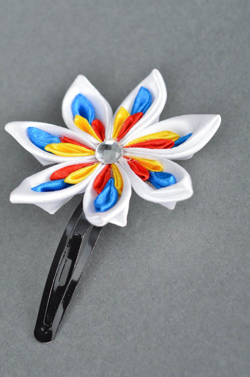 Handmade designer hair clip will large colorful fabric kanzashi flower photo 5