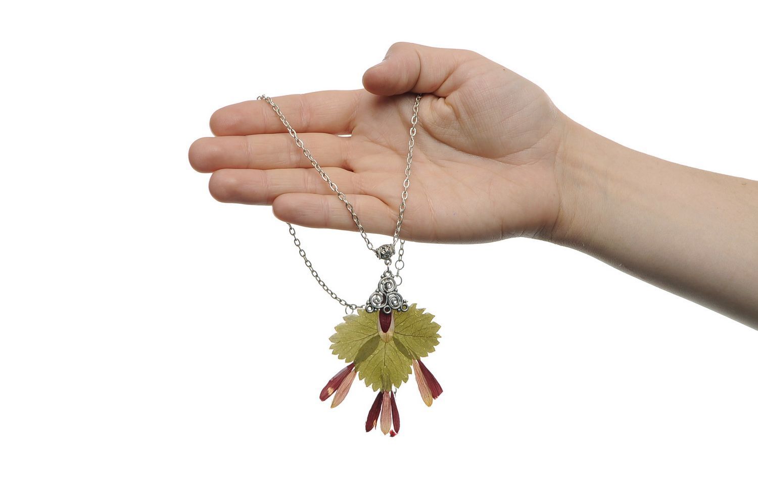 Pendant with Golden-Daisy Petals and  Strawberry Leaf photo 5