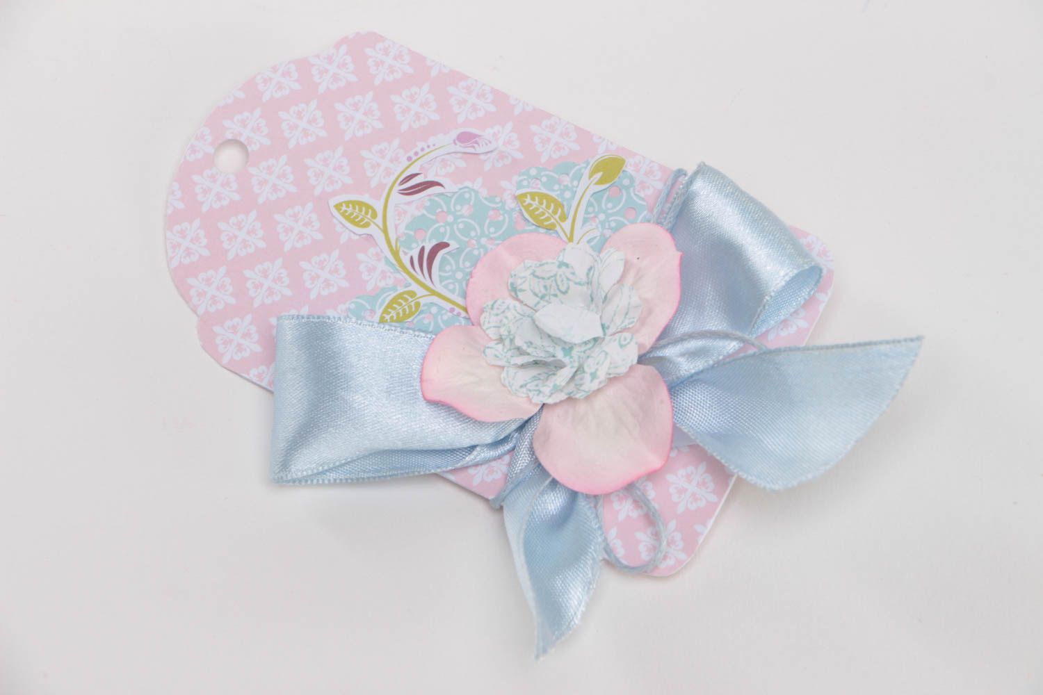 Beautiful small pink handmade scrapbooking gift tag with bow photo 5