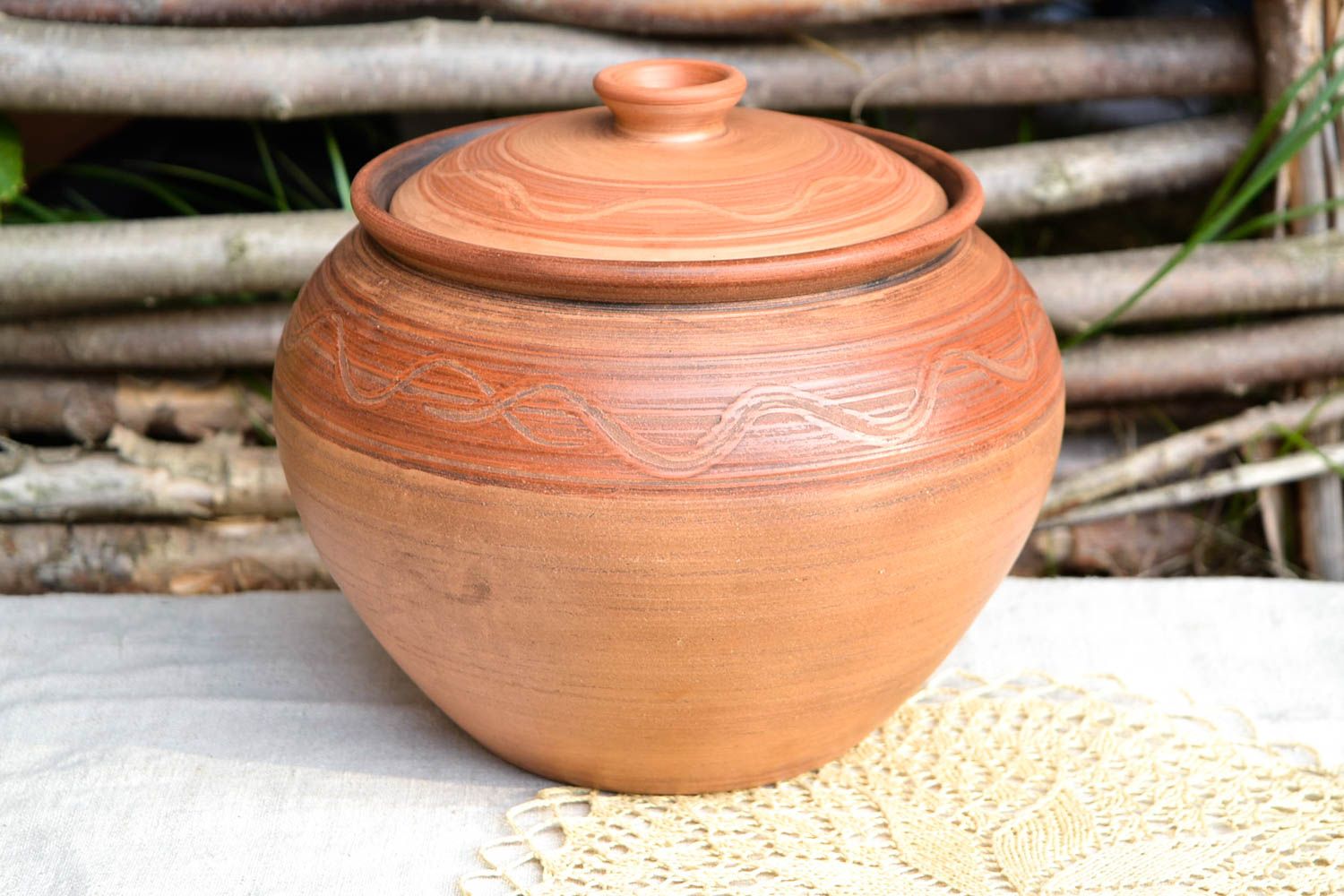100 oz large ceramic cooking pot with a lid in terracotta color and village-style 2,9 lb photo 1