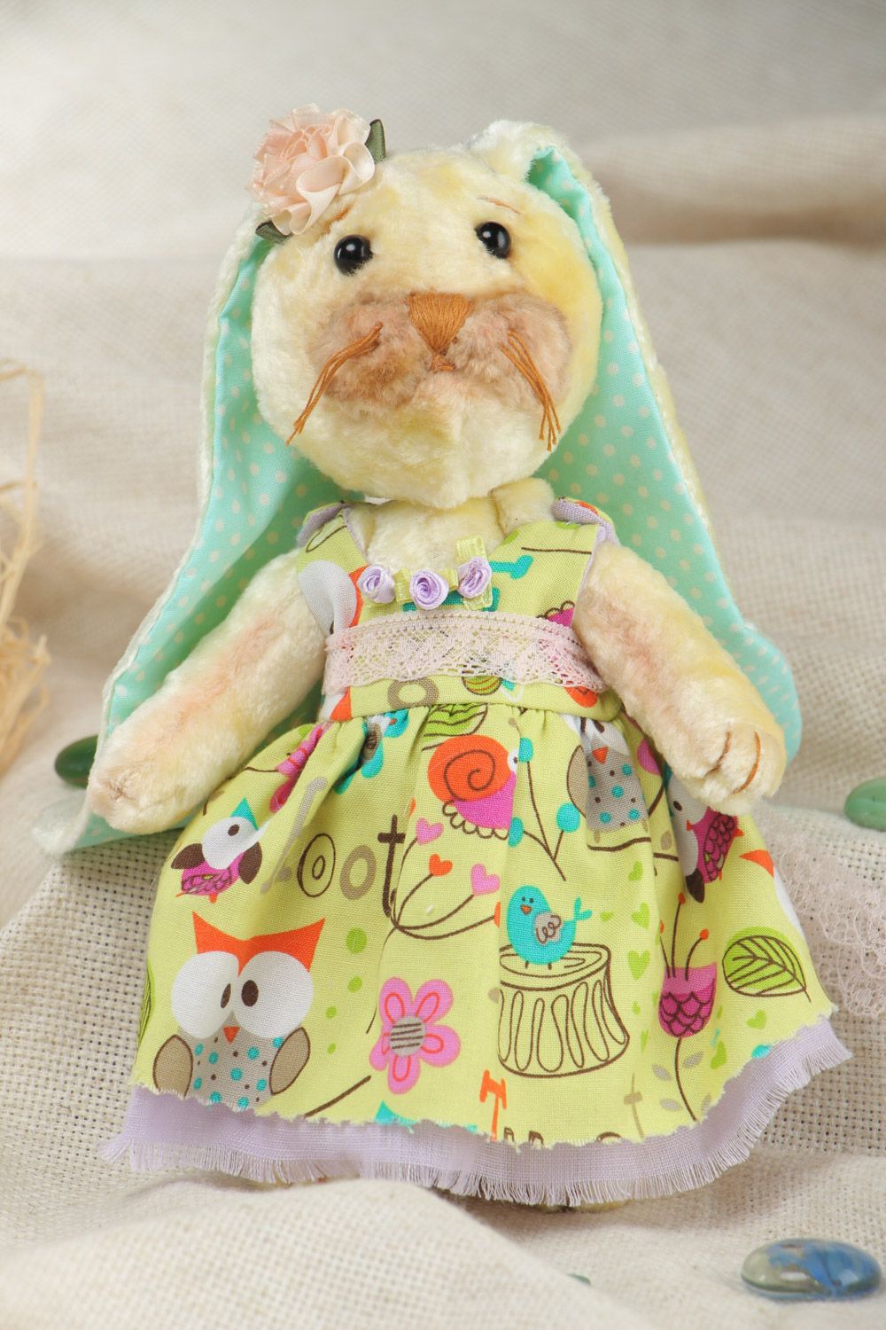 Handmade plush soft toy rabbit with long ears in linen dress with lace for kids photo 1