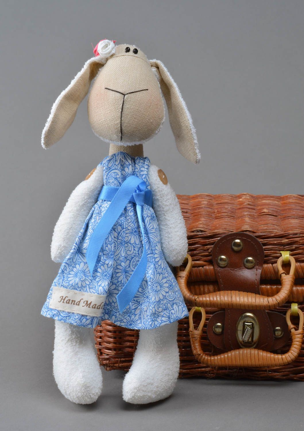 Cute handmade designer cotton and linen fabric soft toy Lamb in blue for kids photo 1