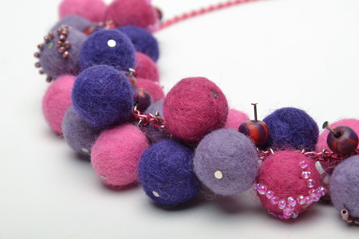 Unusual multi-colored felted wool ball necklace photo 4
